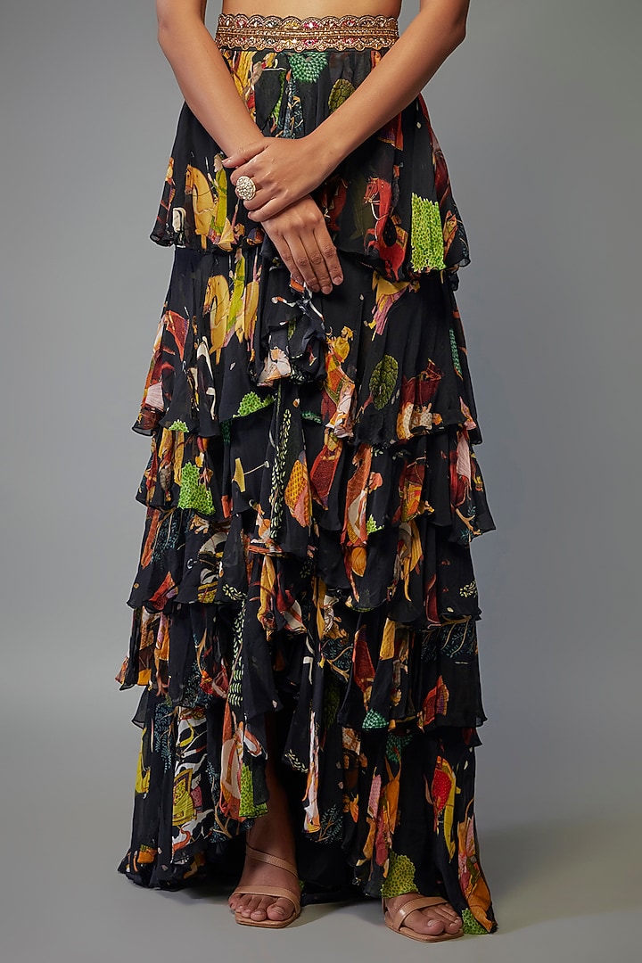 Black Georgette Hand Embroidered Ruffled Wedding Lehenga Set by Rajat tangri  at Pernia's Pop Up Shop