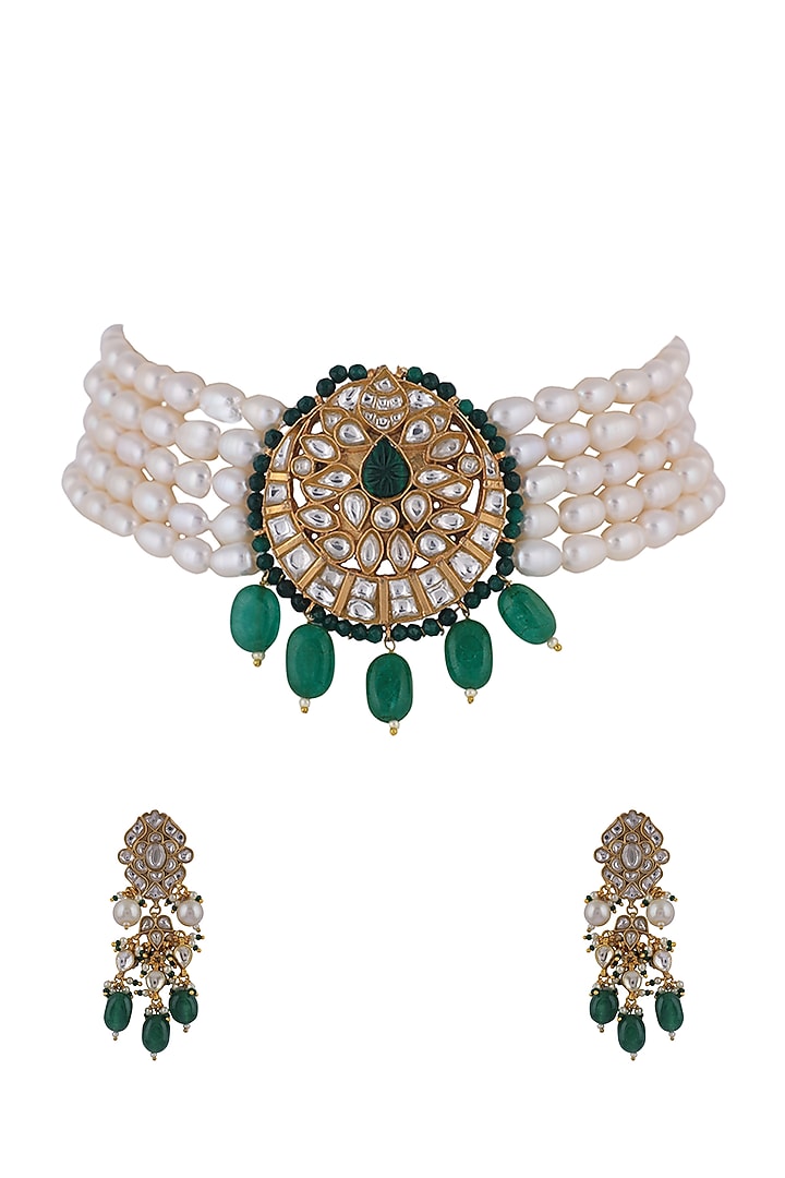 Gold Plated Emerald Stone & Pearl Choker Necklace Set by Riana Jewellery at Pernia's Pop Up Shop
