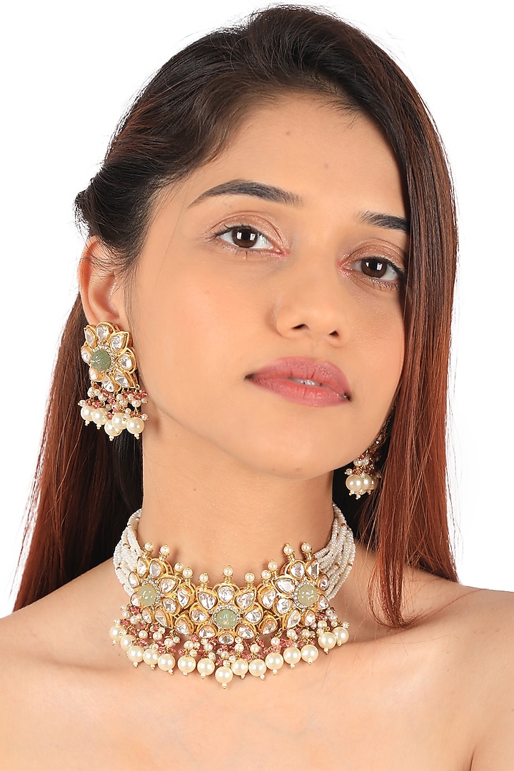 Gold Plated Moissanite Stone & Green Beaded Choker Necklace Set by Riana Jewellery at Pernia's Pop Up Shop