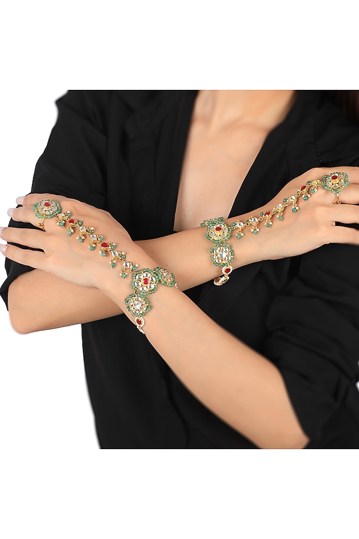Gold Plated Multi-Colored Stone Hathphool (Set of 2) by Riana Jewellery at Pernia's Pop Up Shop