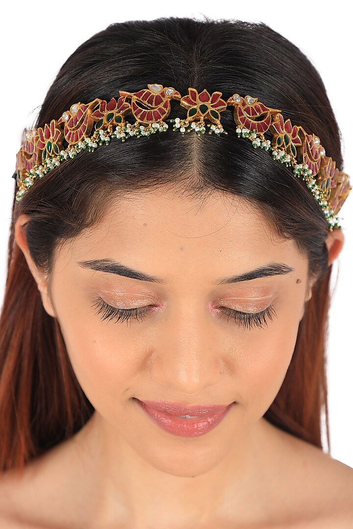 Gold Plated Sea Green & Red Jadtar Stone Hairband by Riana Jewellery at Pernia's Pop Up Shop