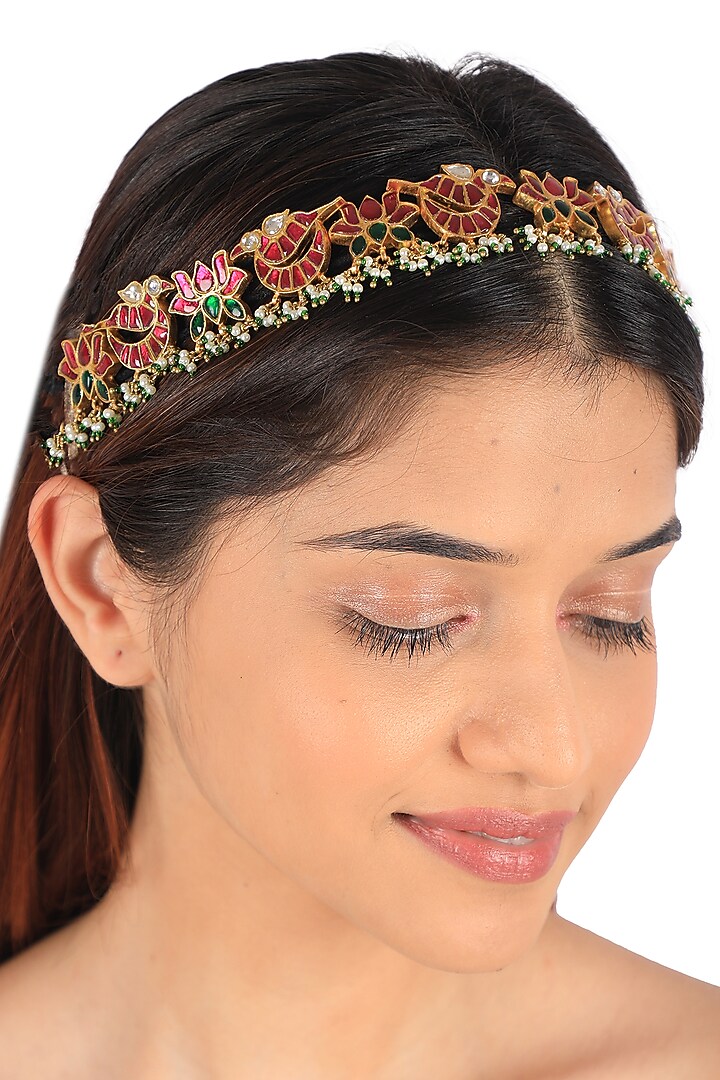 Gold Plated Sea Green & Red Jadtar Stone Hairband by Riana Jewellery at Pernia's Pop Up Shop