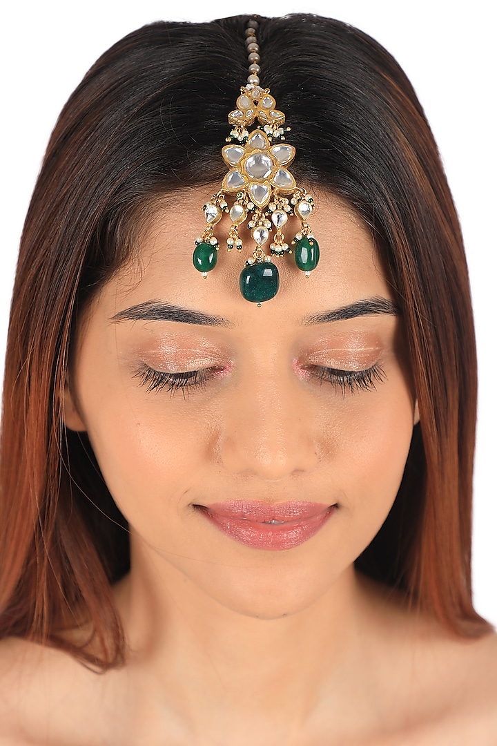 Gold Plated Green Jadtar Beaded Maang Tikka by Riana Jewellery at Pernia's Pop Up Shop