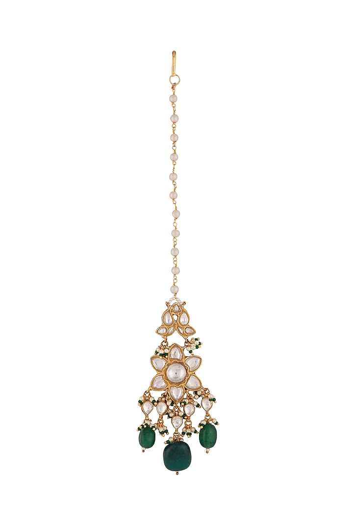 Gold Plated Green Jadtar Beaded Maang Tikka by Riana Jewellery at Pernia's Pop Up Shop
