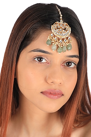 Gold Plated Sea Green Beaded Maang Tikka by Riana Jewellery
