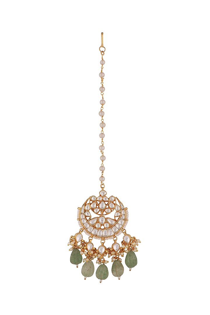 Gold Plated Sea Green Beaded Maang Tikka by Riana Jewellery at Pernia's Pop Up Shop