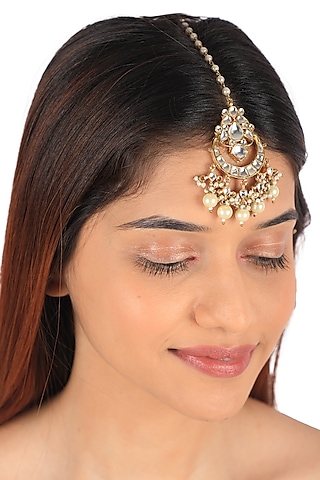 Gold Plated Pearl & Jadtar Stone Maang Tikka by Riana Jewellery