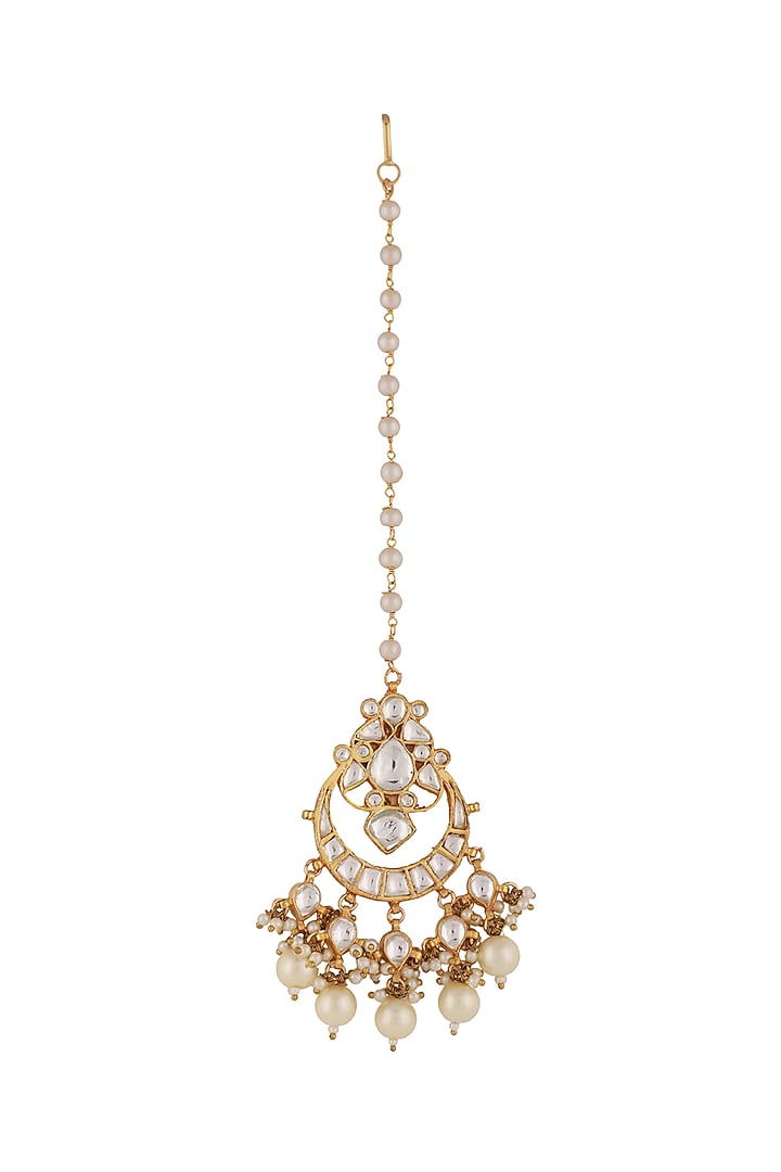 Gold Plated Pearl & Jadtar Stone Maang Tikka by Riana Jewellery at Pernia's Pop Up Shop