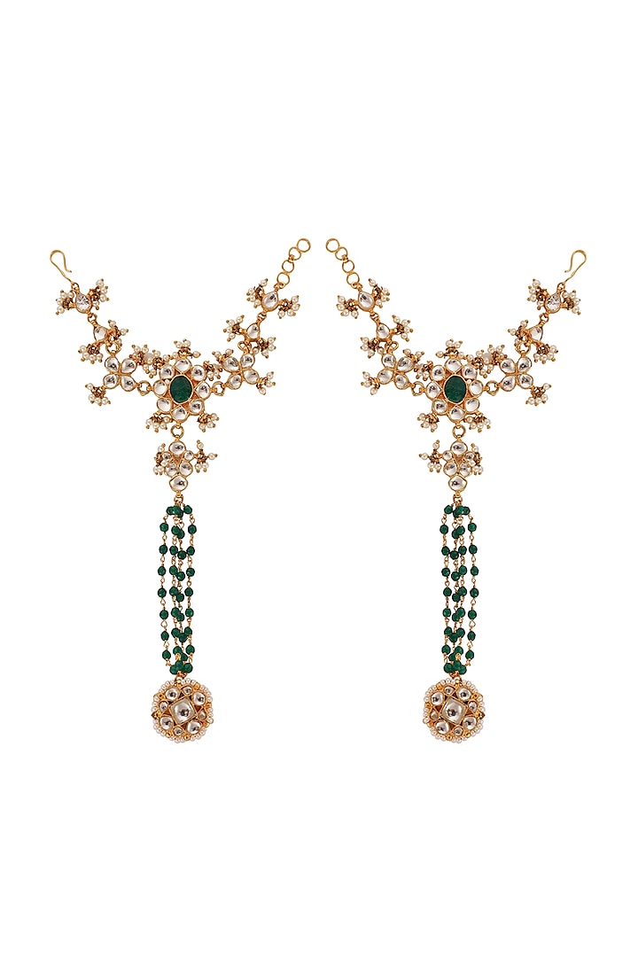 Gold Plated Green & White Stone Hathphool (Set of 2) by Riana Jewellery at Pernia's Pop Up Shop