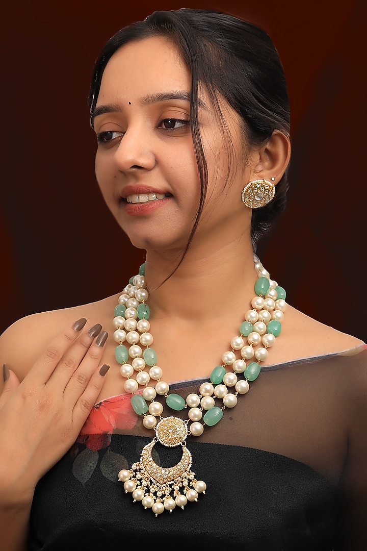 Gold Plated Pearl & Sea Green Stone Layered Necklace Set by Riana Jewellery at Pernia's Pop Up Shop