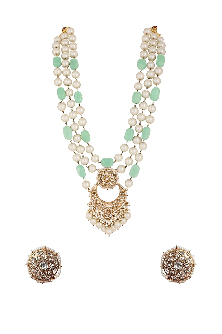 Gold Plated Pearl & Sea Green Stone Layered Necklace Set by Riana Jewellery at Pernia's Pop Up Shop