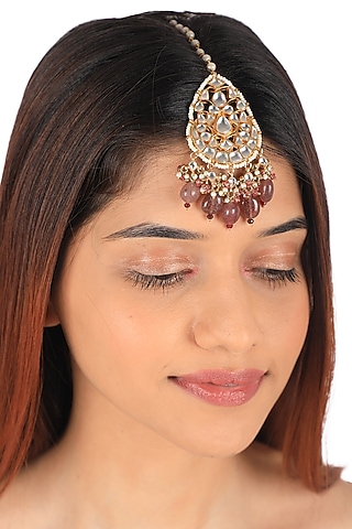 Gold Plated Pastel Pink Beaded Maang Tikka by Riana Jewellery
