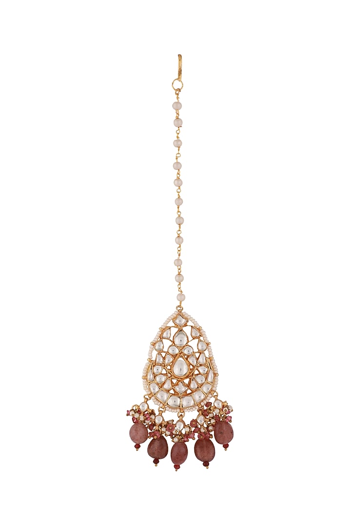 Gold Plated Pastel Pink Beaded Maang Tikka by Riana Jewellery at Pernia's Pop Up Shop