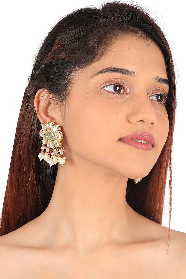 Gold Plated Pearl & Sea Green Beaded Dangler Earrings by Riana Jewellery at Pernia's Pop Up Shop