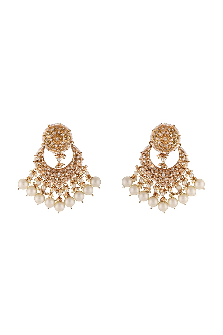 Gold Plated Jadtar Stone & White Pearl Stud Earrings by Riana Jewellery at Pernia's Pop Up Shop