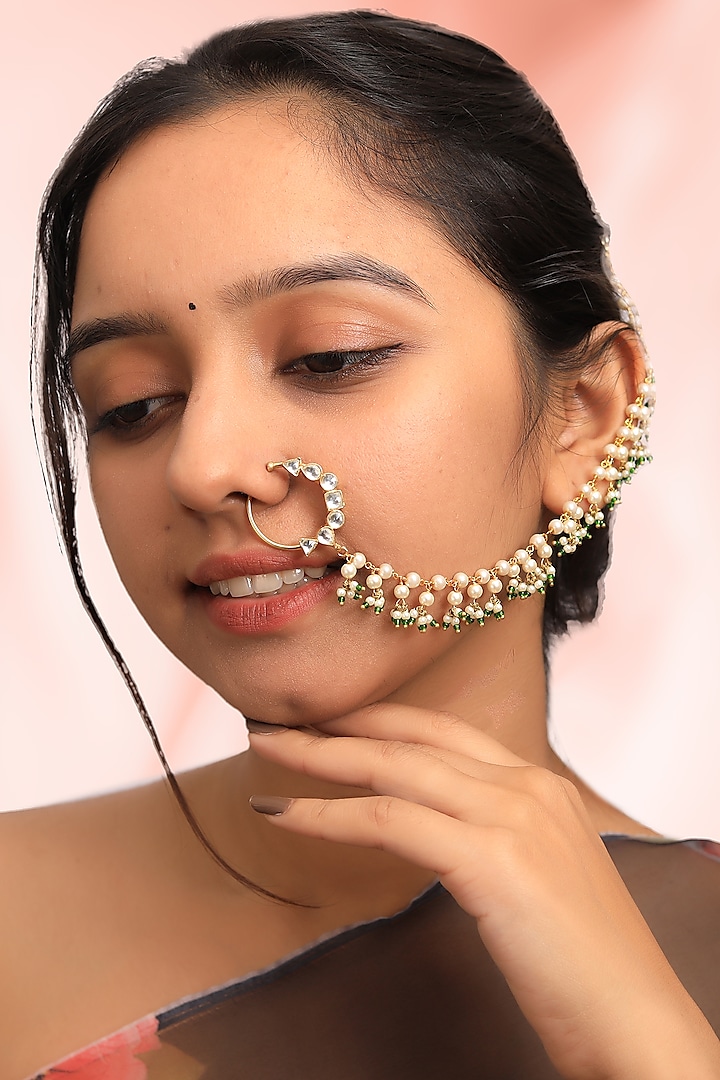 Gold Plated Small Pearl Nath by Riana Jewellery