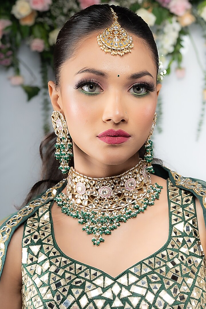 Gold Plated Green Beaded & Pearl Meenakari Necklace Set by Riana Jewellery at Pernia's Pop Up Shop
