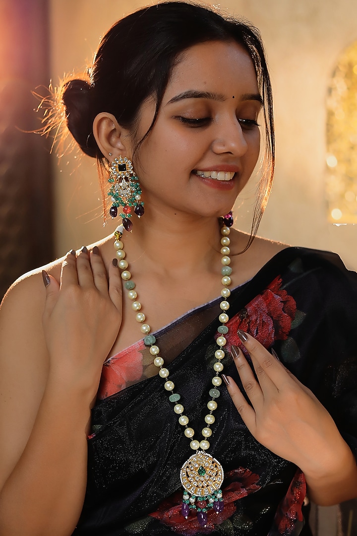 Gold Plated Purple & Sea Green Beaded Long Necklace Set by Riana Jewellery at Pernia's Pop Up Shop