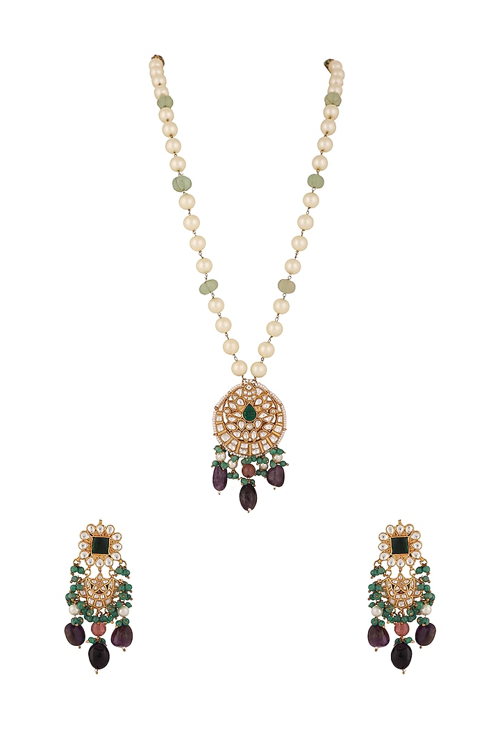 Gold Plated Purple & Sea Green Beaded Long Necklace Set by Riana Jewellery at Pernia's Pop Up Shop