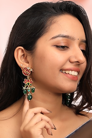 Gold Plated Red & Green Stone Peacock Dangler Earrings by Riana Jewellery