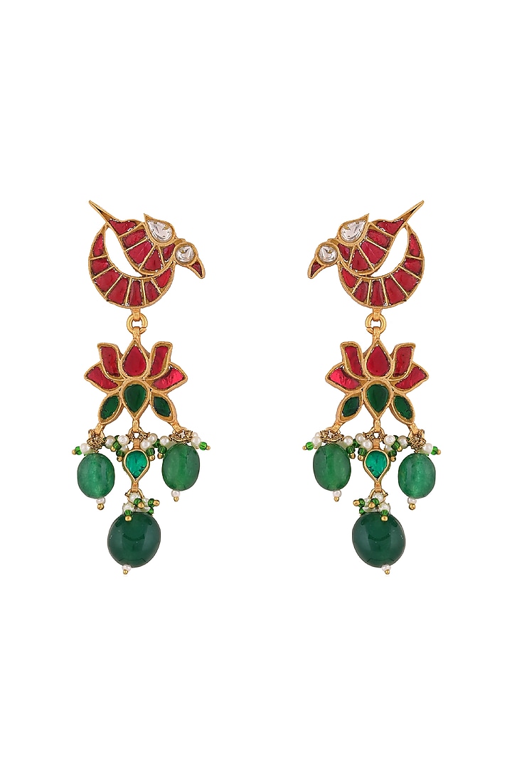 Gold Plated Red & Green Stone Peacock Dangler Earrings by Riana Jewellery at Pernia's Pop Up Shop