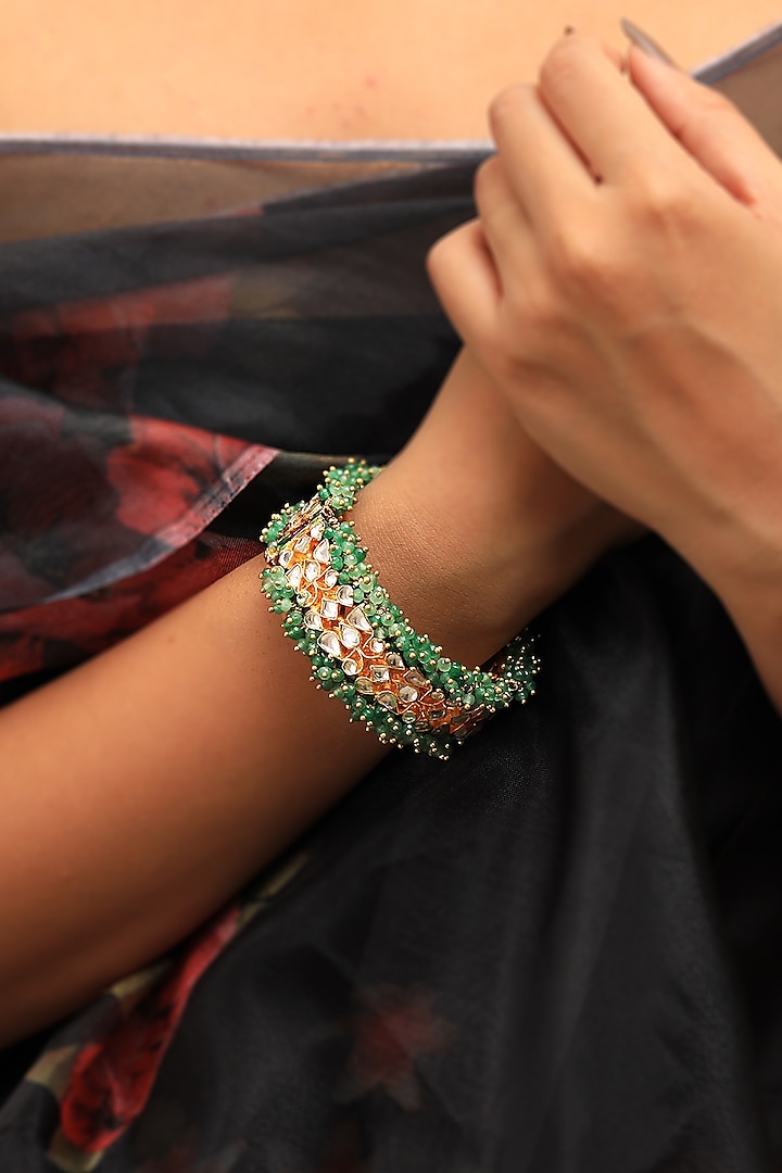 Gold Plated Jadtar Stone & Sea Green Beaded Openable Bangle by Riana Jewellery at Pernia's Pop Up Shop