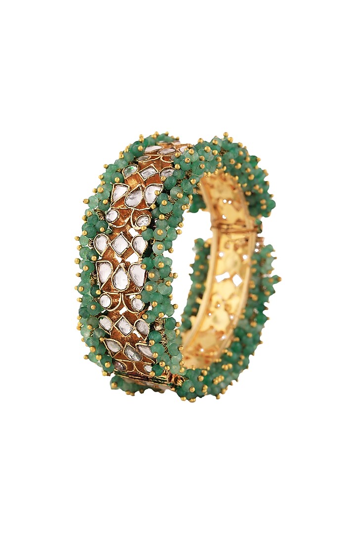 Gold Plated Jadtar Stone & Sea Green Beaded Openable Bangle by Riana Jewellery at Pernia's Pop Up Shop