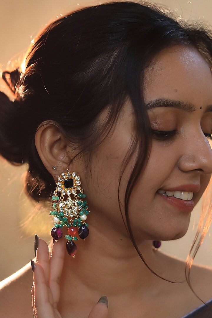 Gold Plated Purple & Sea Green Beaded Dangler Earrings by Riana Jewellery at Pernia's Pop Up Shop