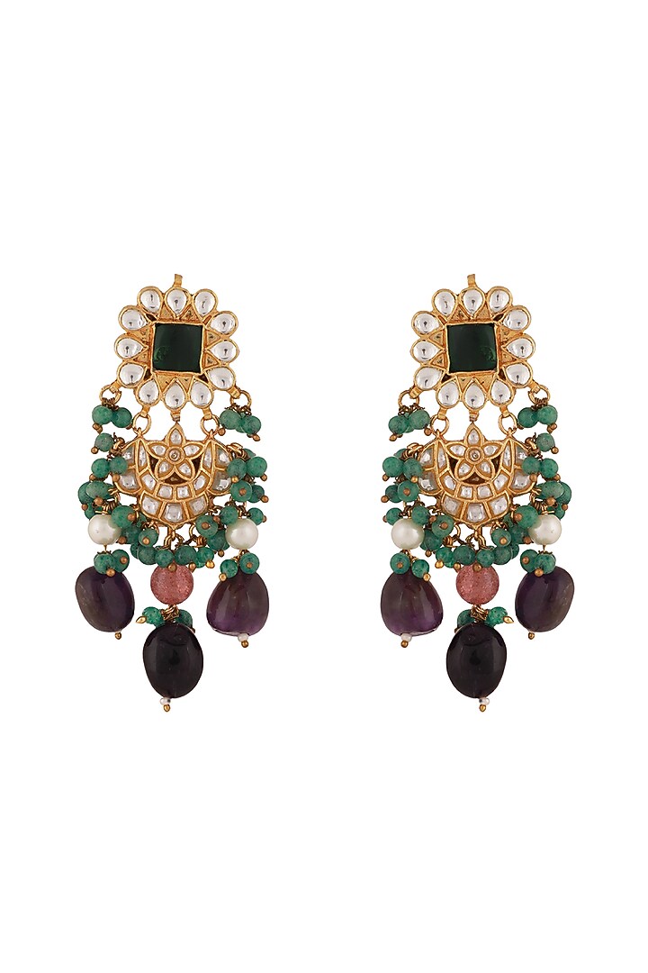 Gold Plated Purple & Sea Green Beaded Dangler Earrings by Riana Jewellery at Pernia's Pop Up Shop