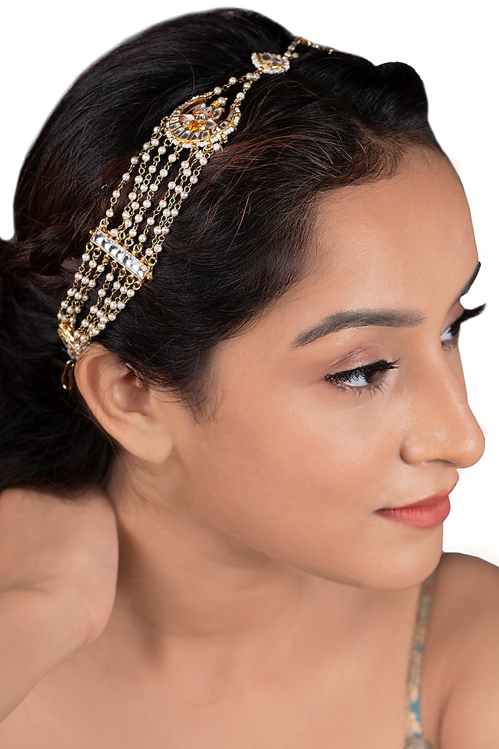 Gold Plated White Jadtar Stones Mathapatti by Riana Jewellery at Pernia's Pop Up Shop