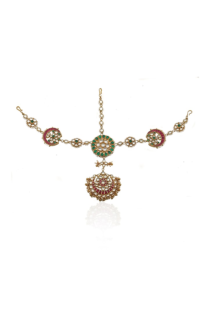 Gold Plated Green & Red Jadtar Stones Matha Patti by Riana Jewellery at Pernia's Pop Up Shop
