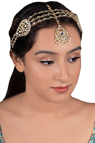 Gold Plated White Jadtar Stones Maang Tikka by Riana Jewellery