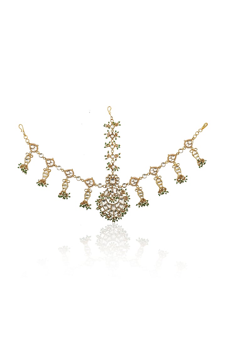 Gold Plated Jadtar Stones & Pearls Matha Patti by Riana Jewellery at Pernia's Pop Up Shop