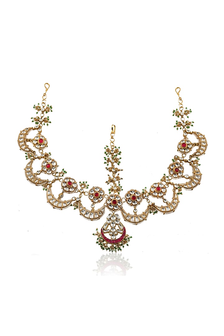 Gold Plated Red Jadtar Stones Matha Patti by Riana Jewellery at Pernia's Pop Up Shop