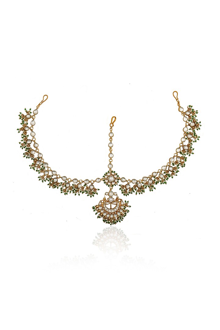 Gold Plated Green & White Jadtar Stones Matha Patti by Riana Jewellery at Pernia's Pop Up Shop