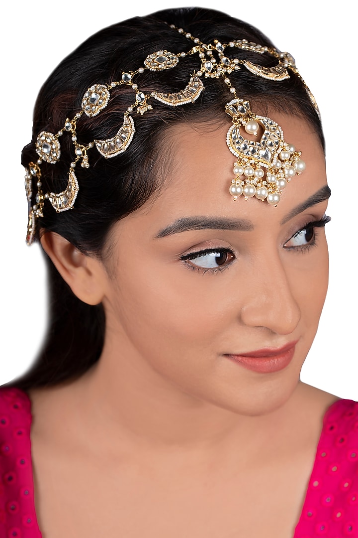 Gold Plated Pearls Matha Patti by Riana Jewellery at Pernia's Pop Up Shop