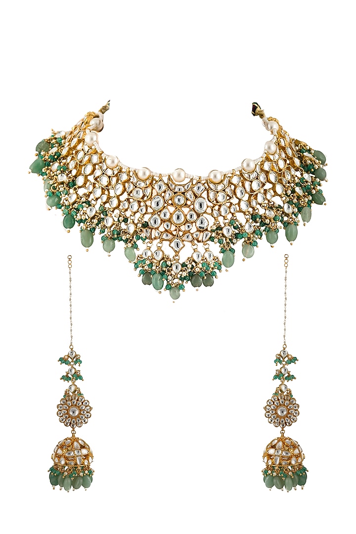 Gold Plated White Jadtar Stones & Sea Green Beaded Necklace Set
by Riana Jewellery at Pernia's Pop Up Shop