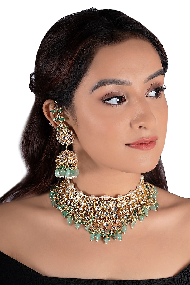 Gold Plated White Jadtar Stones Necklace Set by Riana Jewellery