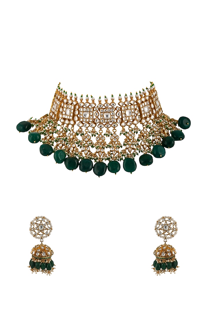 Gold Plated Dark Green Jadtar Stones Necklace Set by Riana Jewellery at Pernia's Pop Up Shop