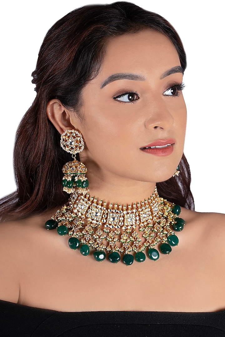 Gold Plated Dark Green Jadtar Stones Necklace Set by Riana Jewellery