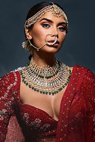 Gold Plated White Jadtar Stones & Green Beads Necklace Set by Riana Jewellery