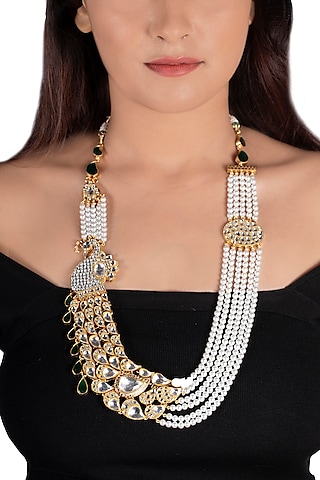 Gold Plated Long Peacock Pendant Necklace by Riana Jewellery