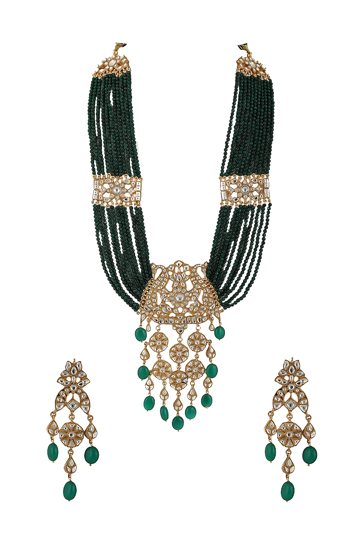 Gold Plated White Stones & Green Beads Necklace Set by Riana Jewellery at Pernia's Pop Up Shop