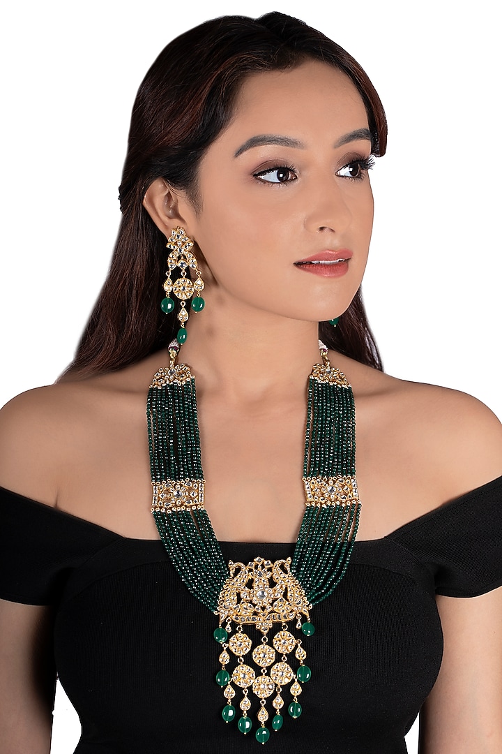 Gold Plated White Stones & Green Beads Necklace Set by Riana Jewellery at Pernia's Pop Up Shop