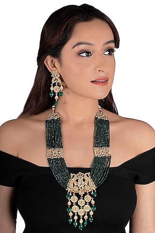 Gold Plated White Stones & Green Beads Necklace Set by Riana Jewellery