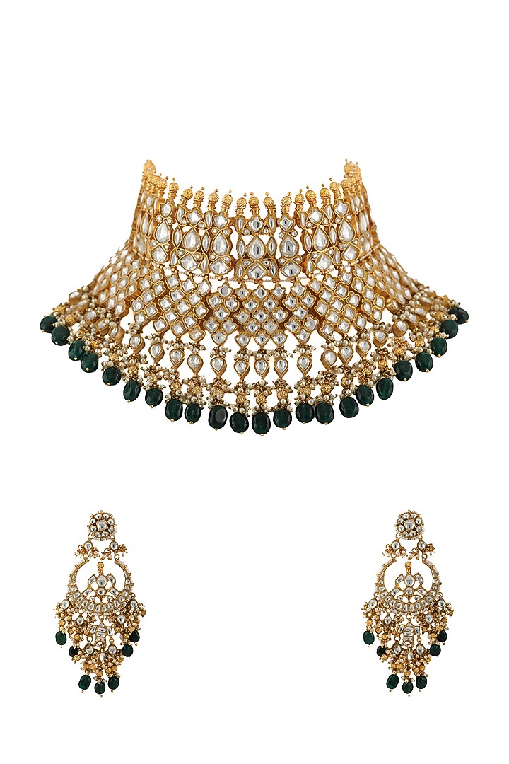 Gold Plated Jadtar Stones Necklace Set by Riana Jewellery at Pernia's Pop Up Shop