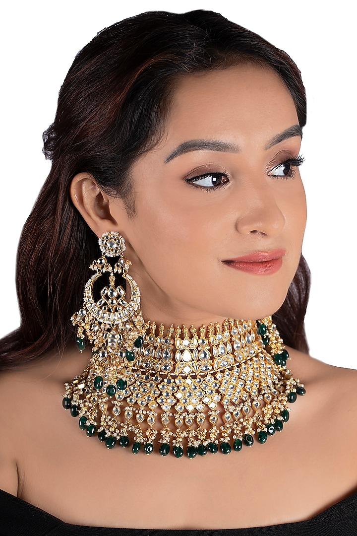 Gold Plated Jadtar Stones Necklace Set by Riana Jewellery