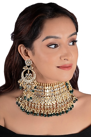 Gold Plated Jadtar Stones Necklace Set by Riana Jewellery