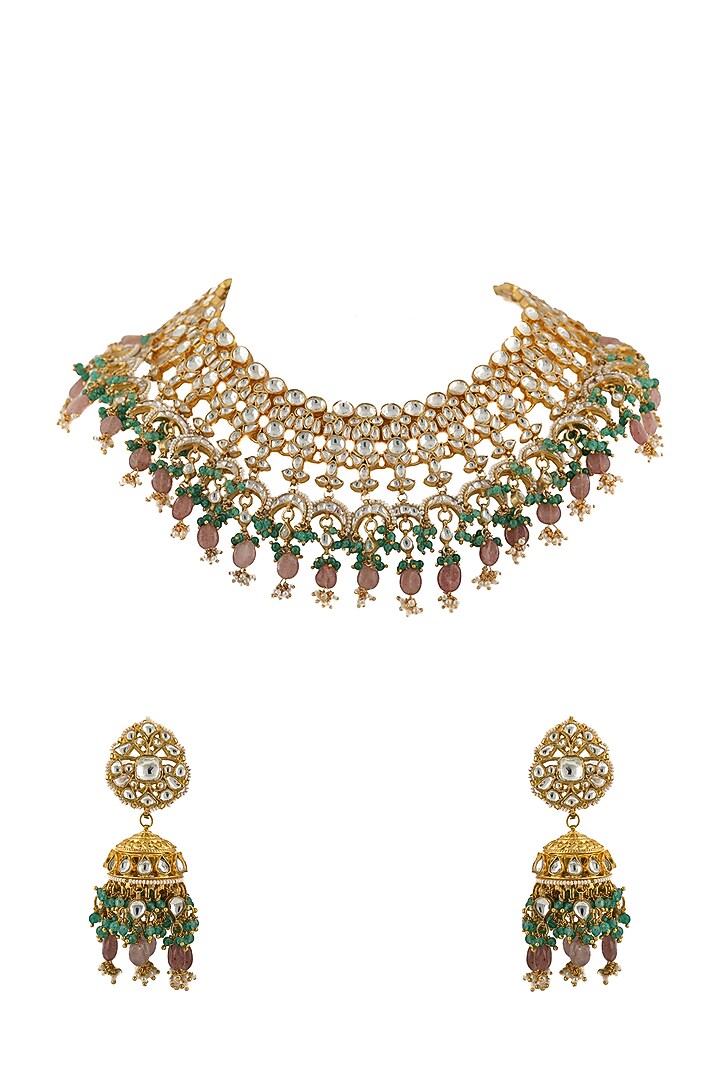 Gold Plated White Jadtar Stone & Pink Beaded Necklace Set
by Riana Jewellery at Pernia's Pop Up Shop