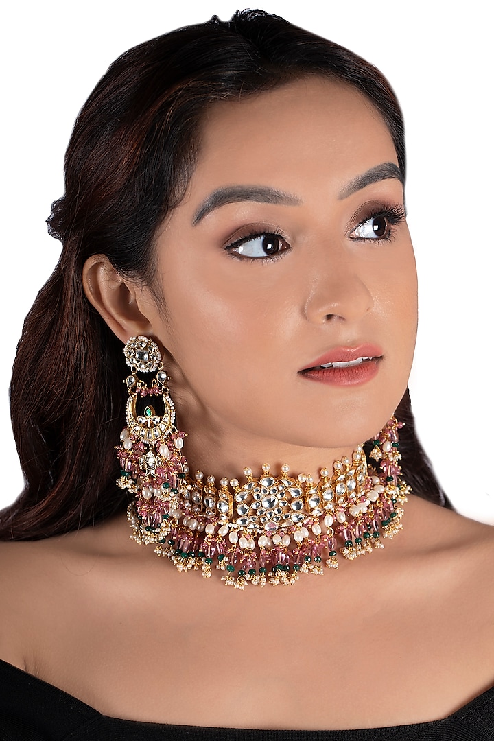 Gold Plated Pearls Necklace Set by Riana Jewellery